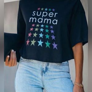 Lulusimonstudio Black Cropped Rainbow Stars Super Mama Print Tee